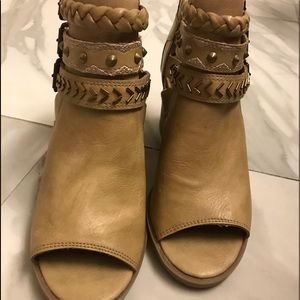 Tan leather open toed booties